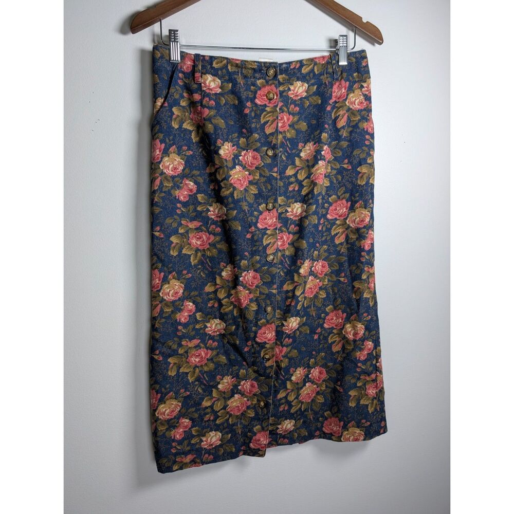 Vintage Orvis Floral Denim Midi Skirt Rose Print Button Front Cotton Cottagecore - Picture 2 of 9